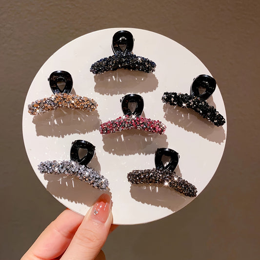 Sparkling small hair claw clips: chic alloy, cute/sweet style, rectangular shape with glitter finish. Great for half-up hairstyles & side bangs. Assorted colors.