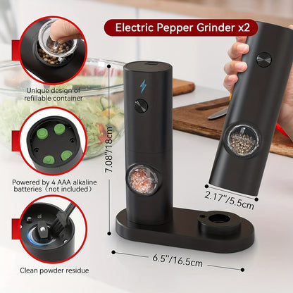 The YumiPLUS Electric Salt & Pepper Grinder Set features automatic operation, adjustable coarseness, and convenient one-handed use. This stylish set also includes an LED light, decorative base, and runs on AAA batteries.