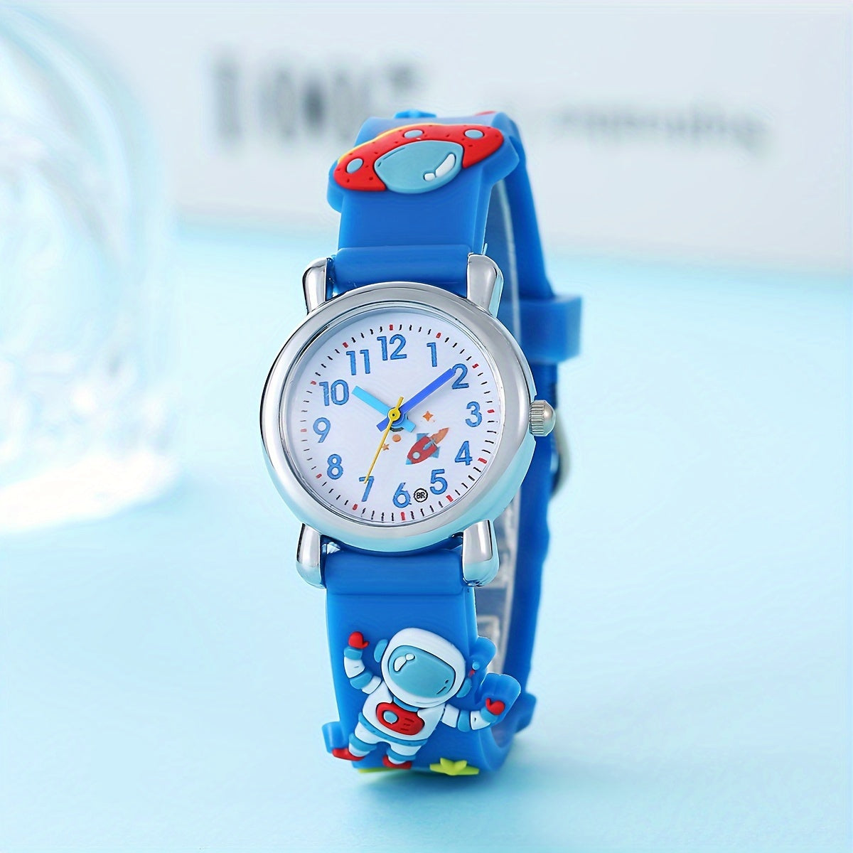 Children's Astronaut and UFO Quartz Watch - Silicone band, not waterproof, blue.