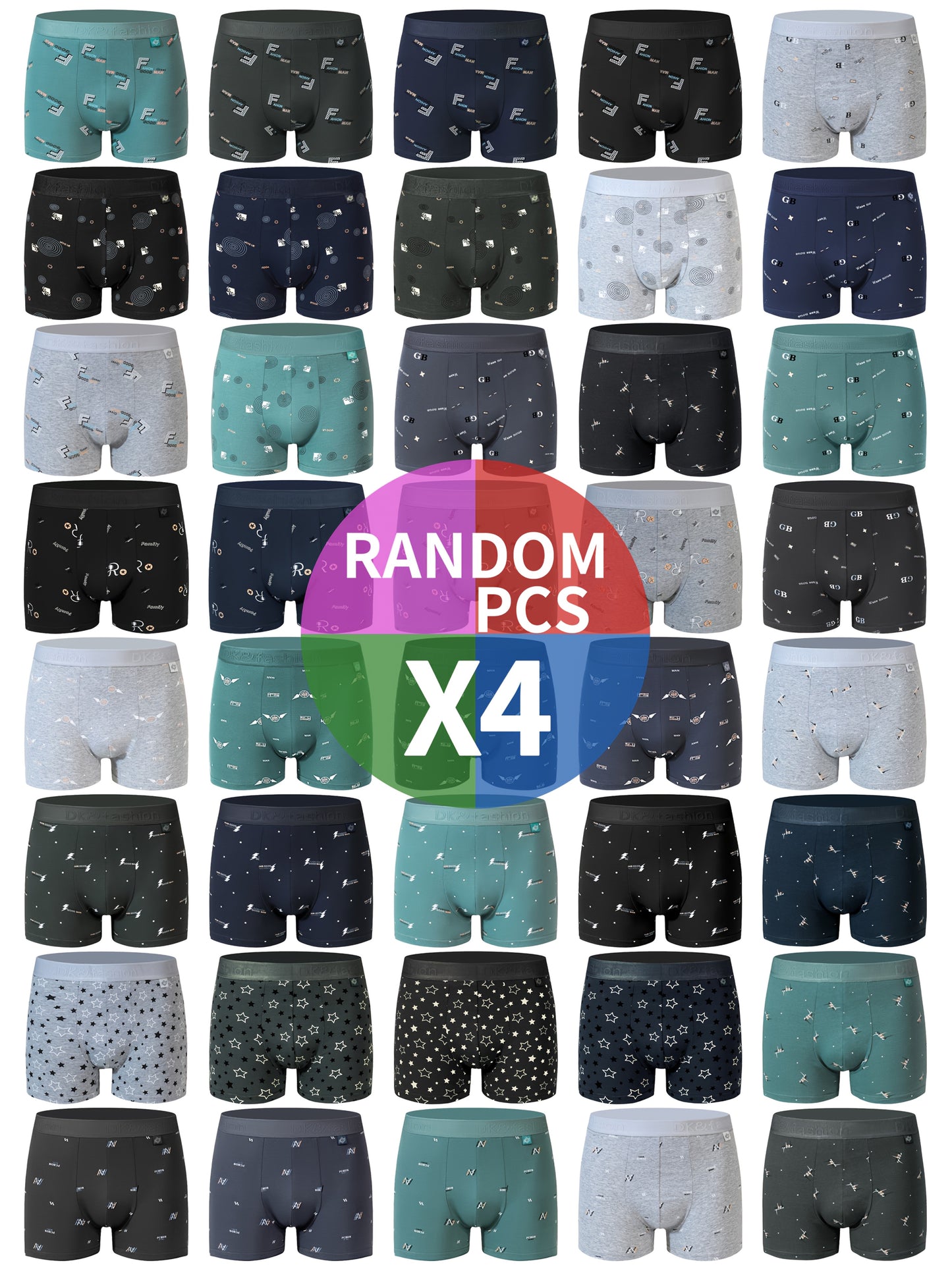 Men's 4-pack geometric boxer shorts made of 95% cotton and 5% spandex with breathable knit fabric and medium stretch. Casual sports underwear weighing 150gsm.