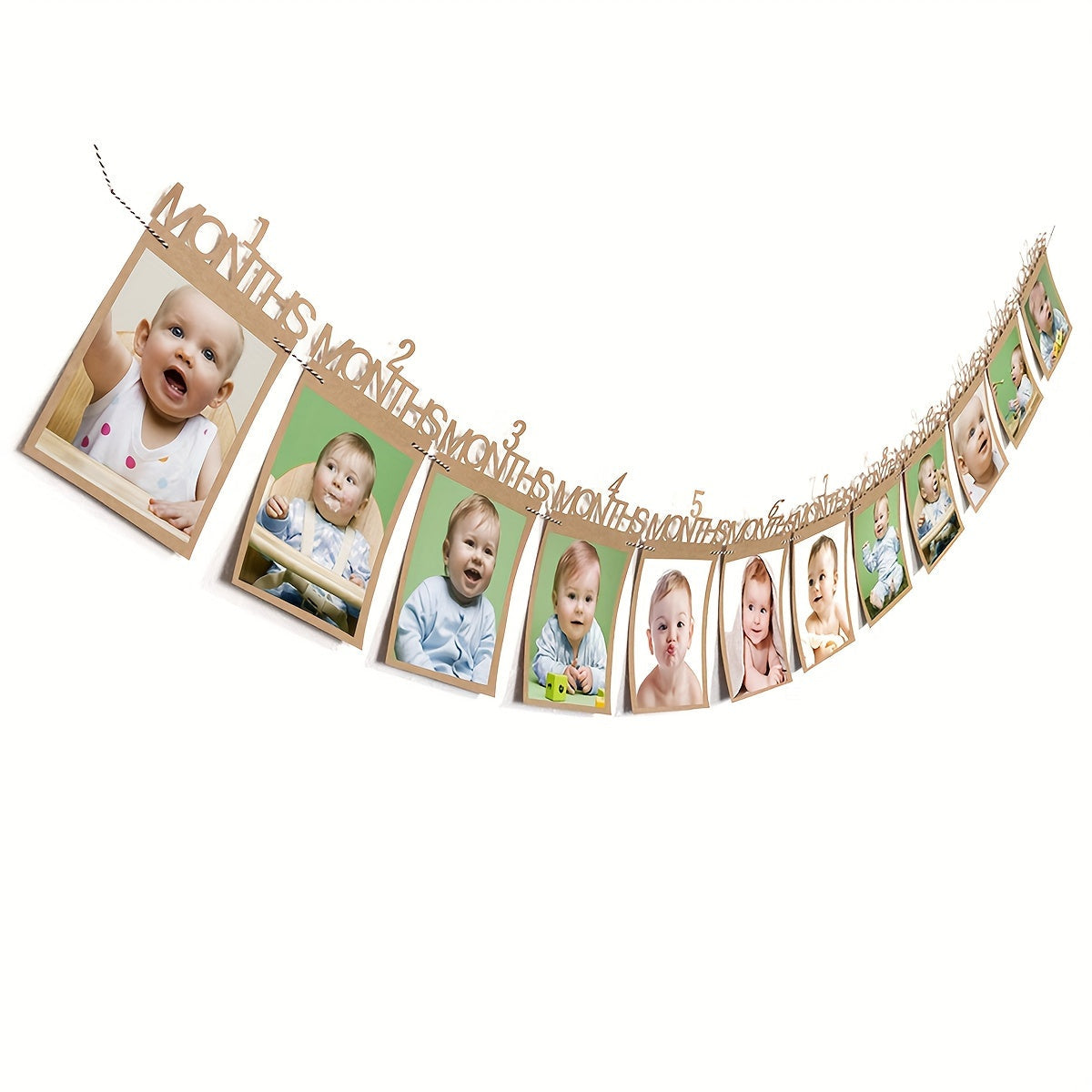 Paper Craft Memory Album featuring Baby's First Year Photo Banner and 12 Month Milestone Photograph Garland. The Monthly Growth Picture Display is perfect for newborns to 1-year-olds, with the option to use up to 3 years. This set includes a rope and