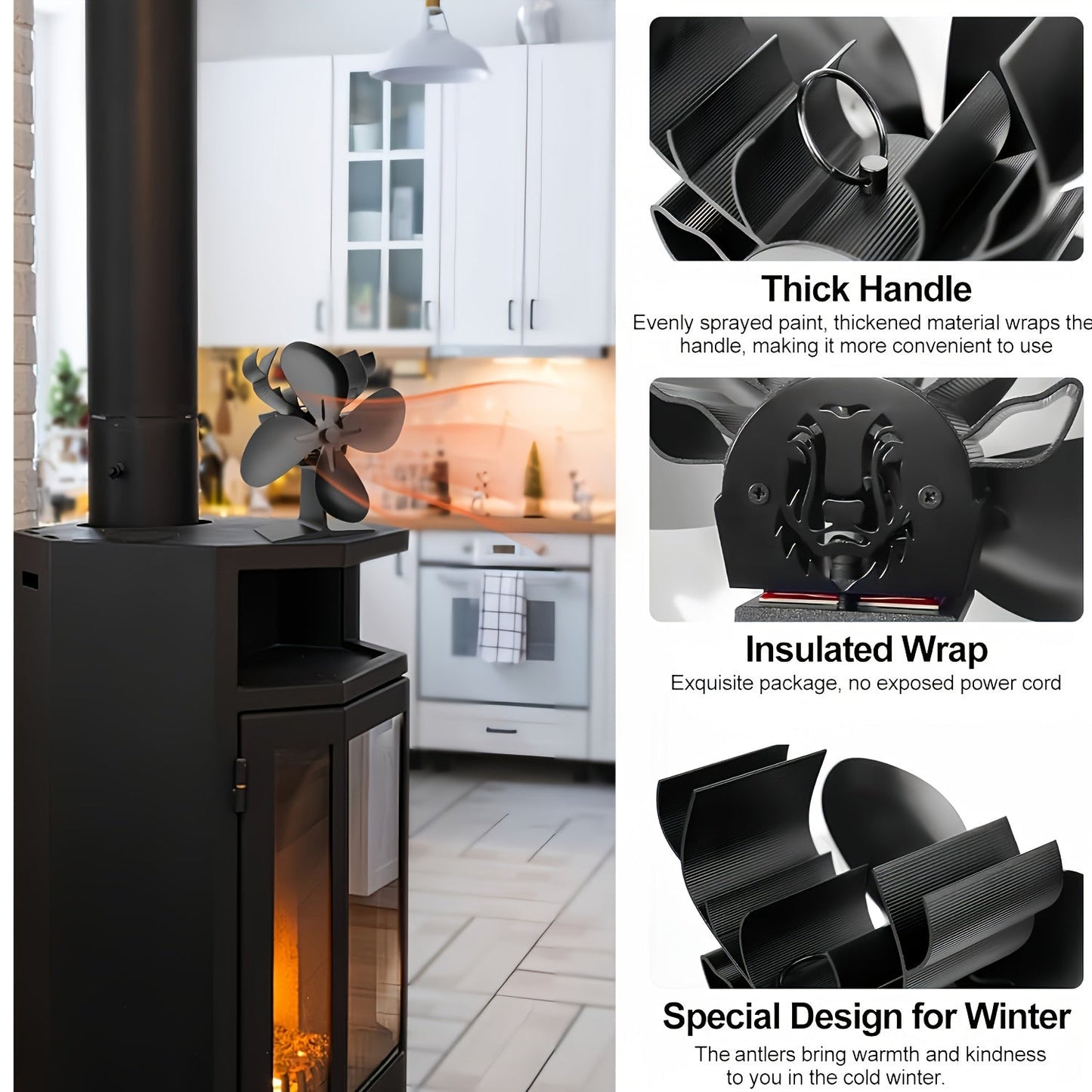 New and Improved Antler Design Single Piece and Set of 4 Hot Power Stove Fans. Original Wood Burner Silent Fan Heater for Home Mini Fireplace. High Efficiency Heat Distributor.