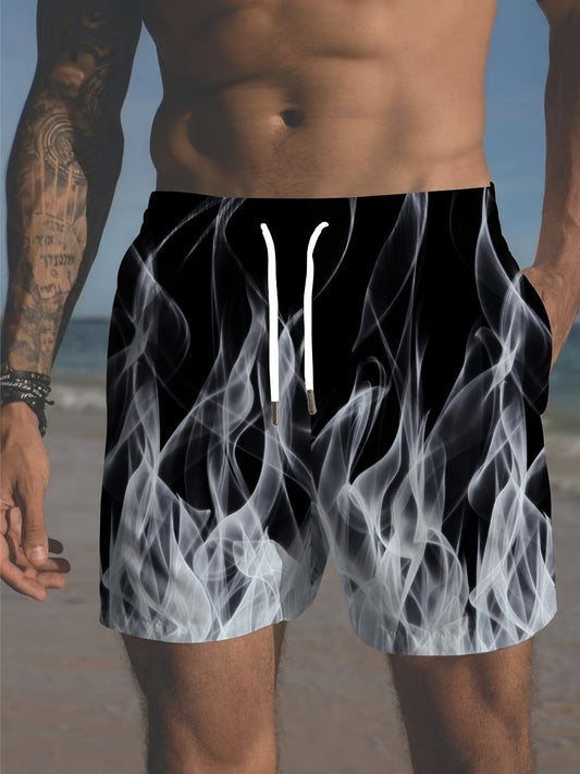 Large men's flame print beach shorts with Hawaiian style, breathable and casual for streetwear or swimming.