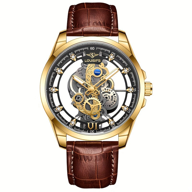 A new men's watch with transparent double-sided design, PU leather strap, luminous hands, and quartz movement.