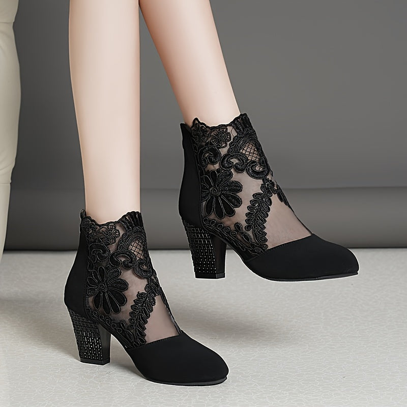 Women's Floral Lace Pattern Boots with Back Zipper, Chunky Heel, and Round Toe