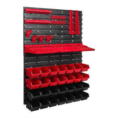 49 piece DIY carpentry and car repair tool set with organized wall-mounted storage system. Includes socket, screwdriver, and wrench for screws, nuts, bolts, nails, beads, and small hardware