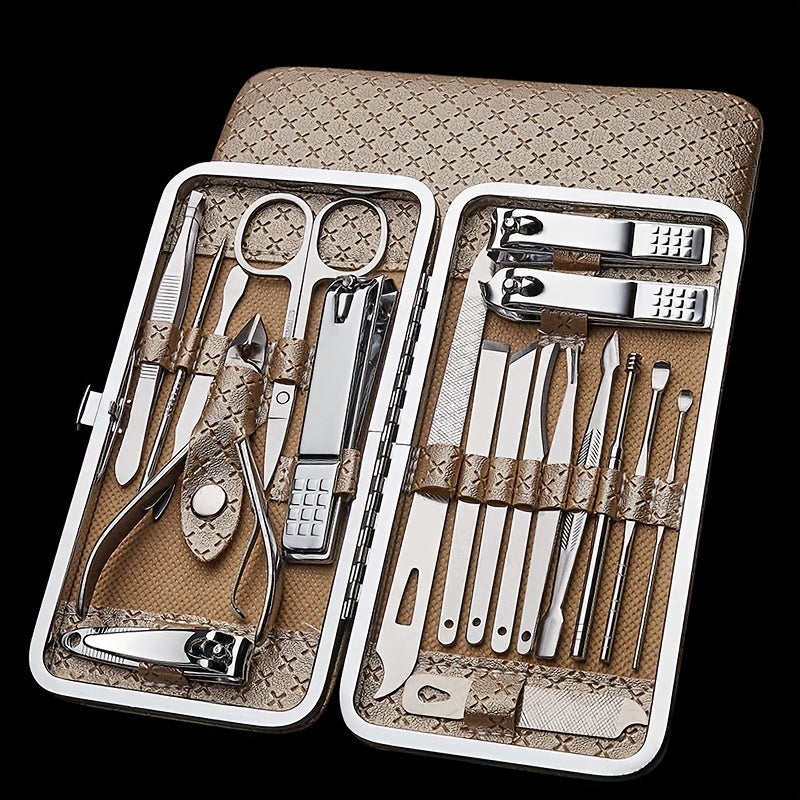 Manicure and pedicure set with nail clippers, files, ear spoon, and portable case for nail care at home or on-the-go.