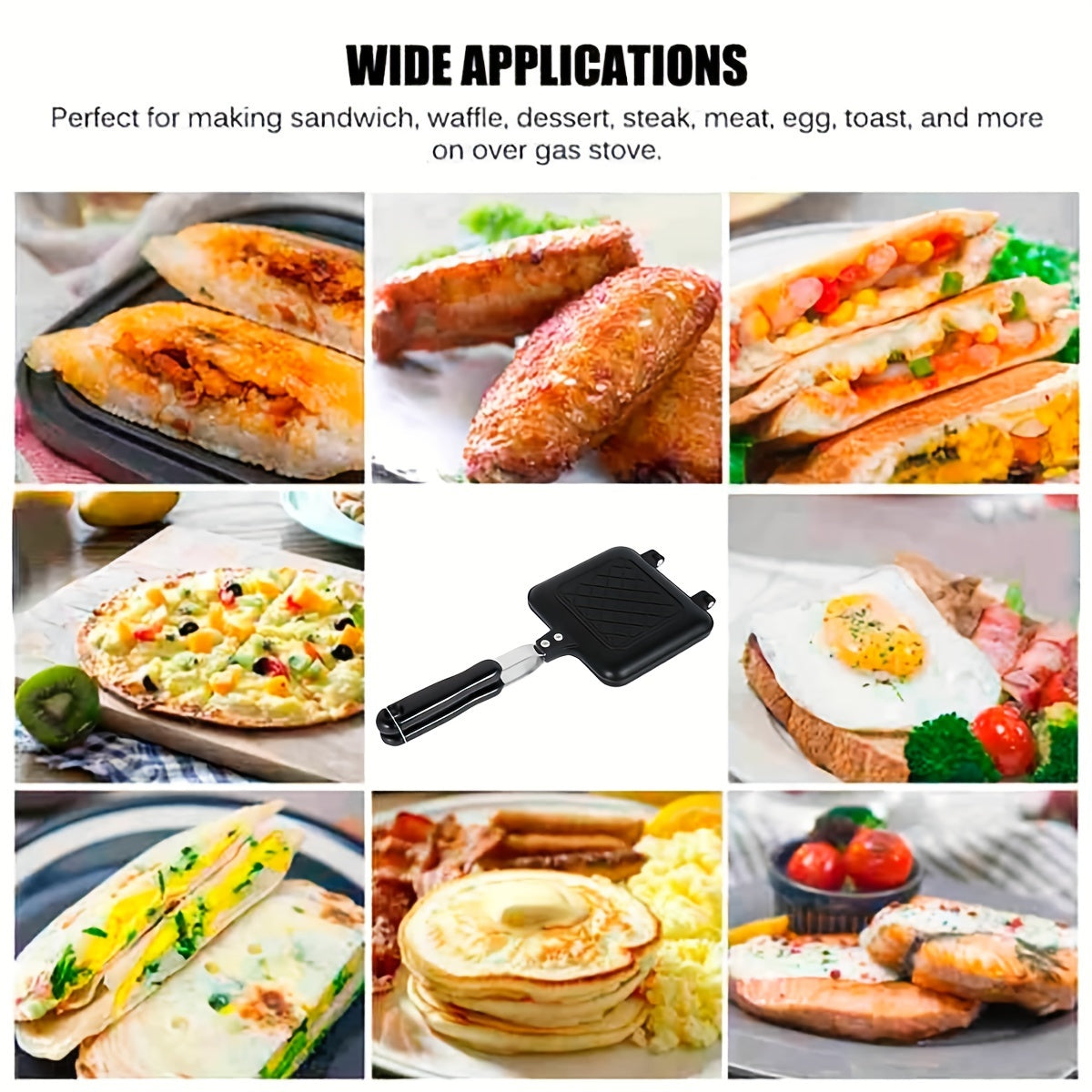 Double sided bread frying pan with non-stick surface and a barbecue plate. This versatile kitchen tool can be used as a sandwich toaster, mold, toastie maker, and waffle maker. It is heat-resistant and perfect for various purposes in the kitchen, school