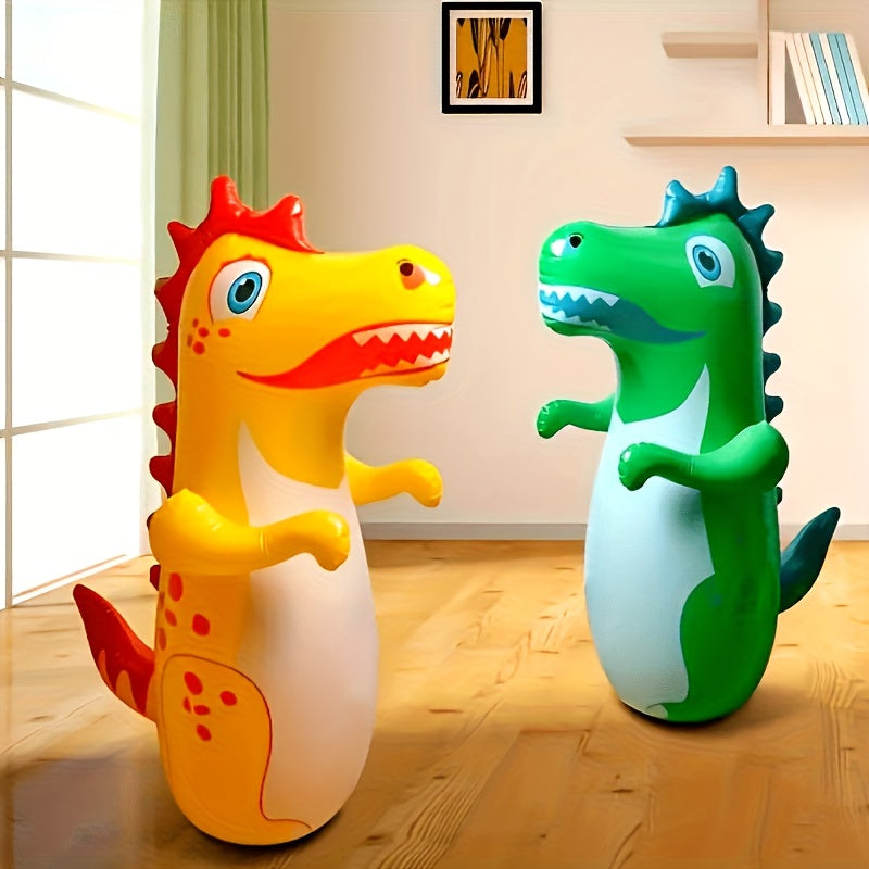 Inflatable dinosaur punching bag for kids, made of durable PVC, suitable for ages 3-6, for outdoor exercise and play. Available in yellow, green, and rose red.