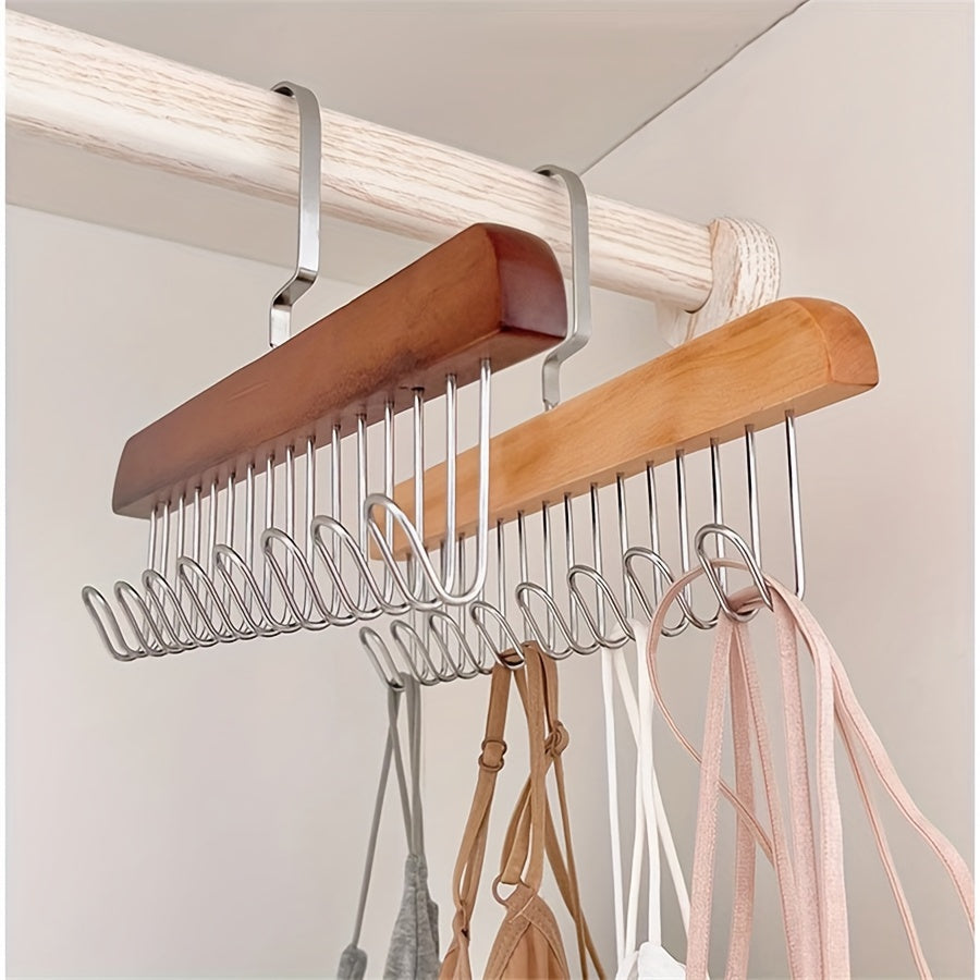 Versatile solid wood clothes hanger with 8 hooks for storage of underwear, vests, ties, and clothing. Ideal for use in clothing stores or as a clothes drying rack.