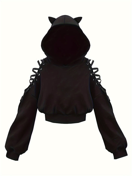 Women's Y2K style black hoodie with cat ears, featuring stretchy polyester knit, lace-up detail, ribbed cuffs, and all-season comfort.