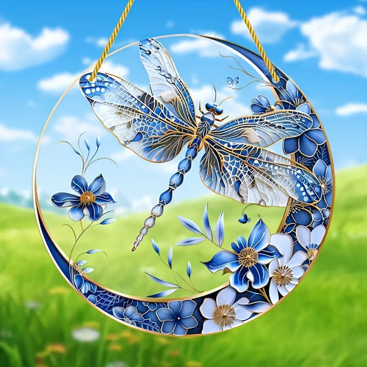 Add a touch of spring to your home with this colorful Blue Dragonfly Acrylic Window Hanging. Featuring a moon-shaped garland, this piece is perfect for brightening up your porch or walls. A creative home gift idea for any occasion.