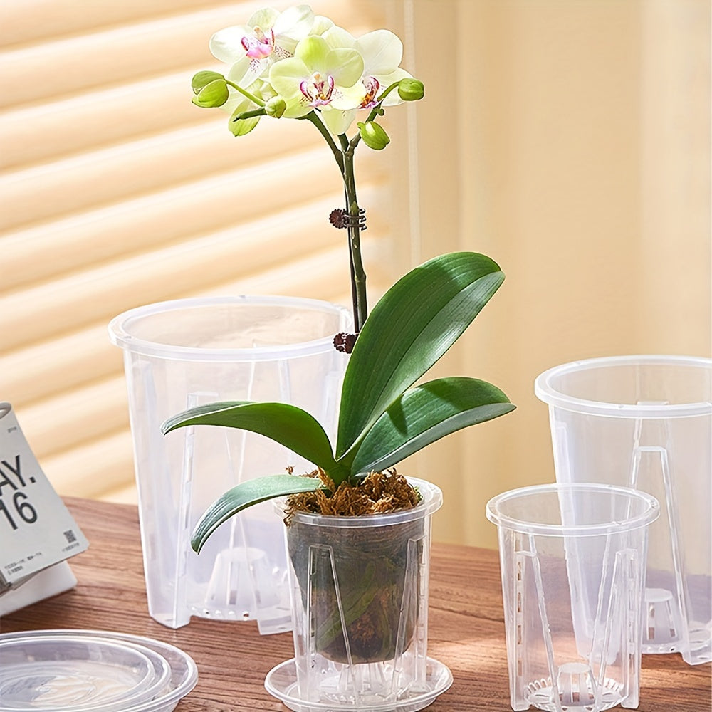 Clear plastic orchid pots with drainage holes, suitable for orchids, succulents, and other indoor or outdoor plants. Pack of 5.