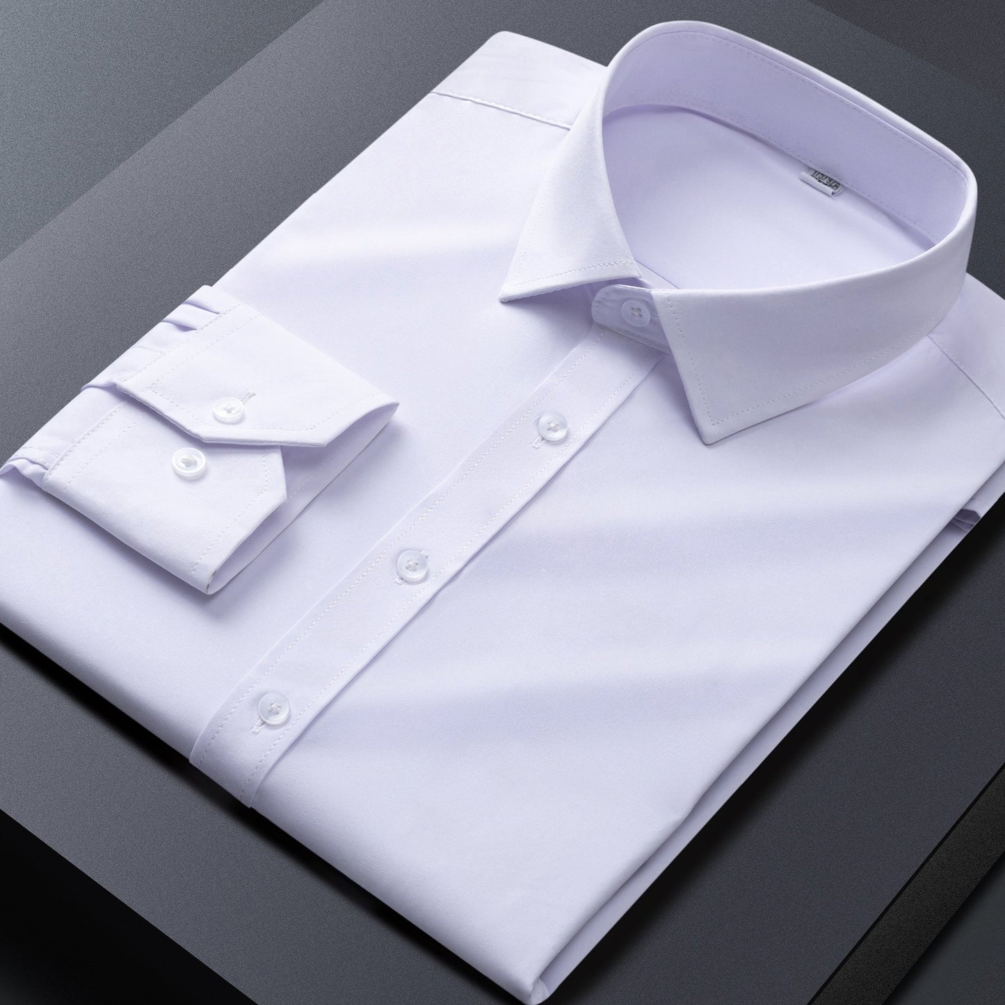 Men's light business style dress shirt made of 96% polyester and 4% spandex blend, featuring a solid color lapel collar woven top with smooth fabric. Regular fit suitable for all seasons