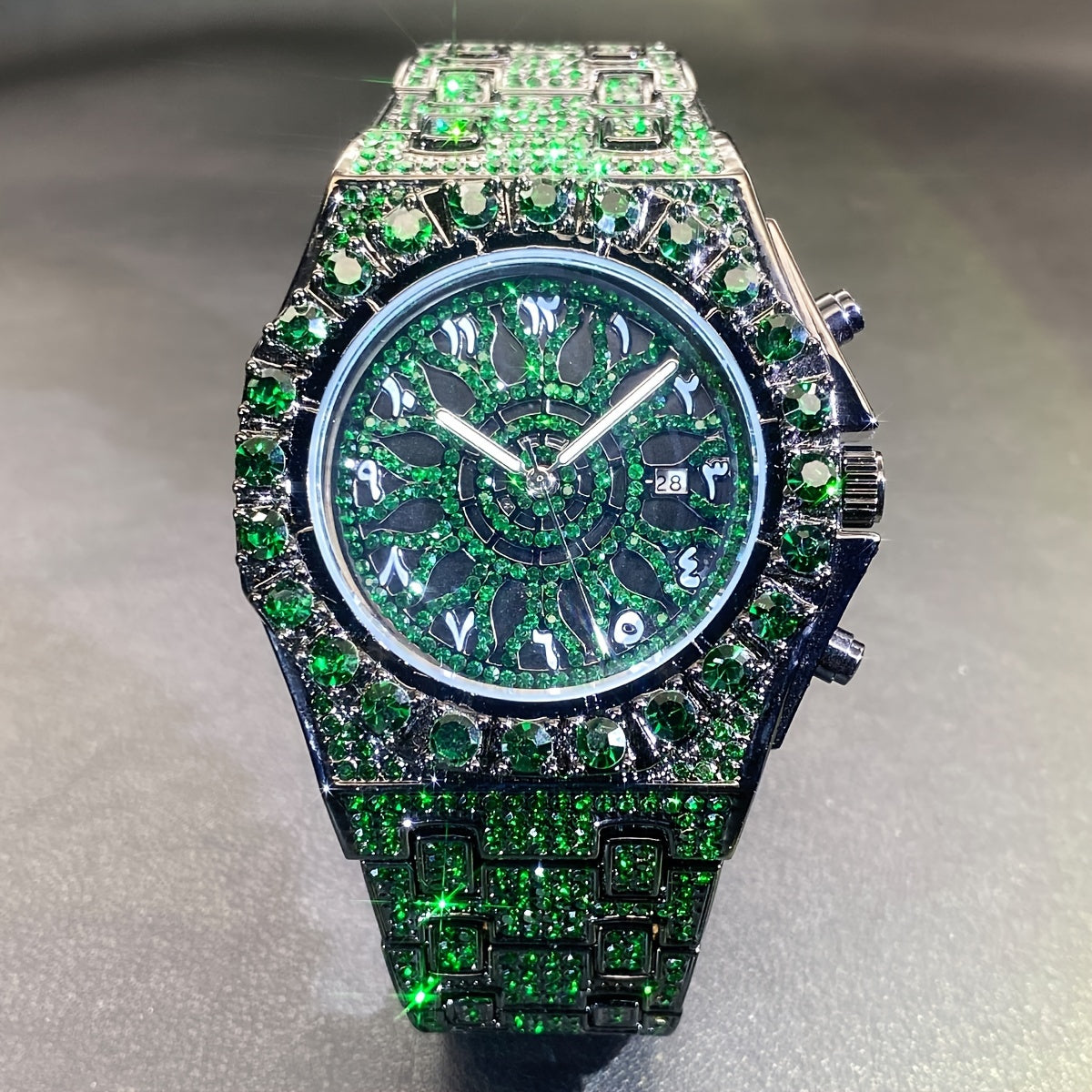 New men's hip hop watch with date party green ice rhinestone clock, fashion quartz watch luxury.