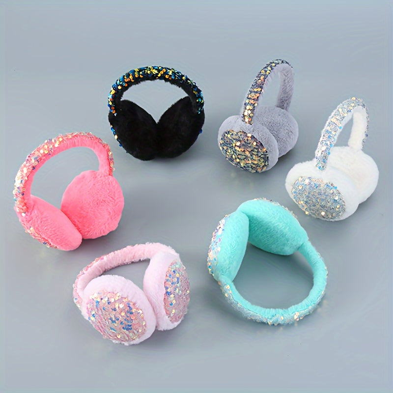 Cozy up for winter with these cute plush cartoon earmuffs adorned with sequins. Stay warm and fashionable with these plush ear covers.