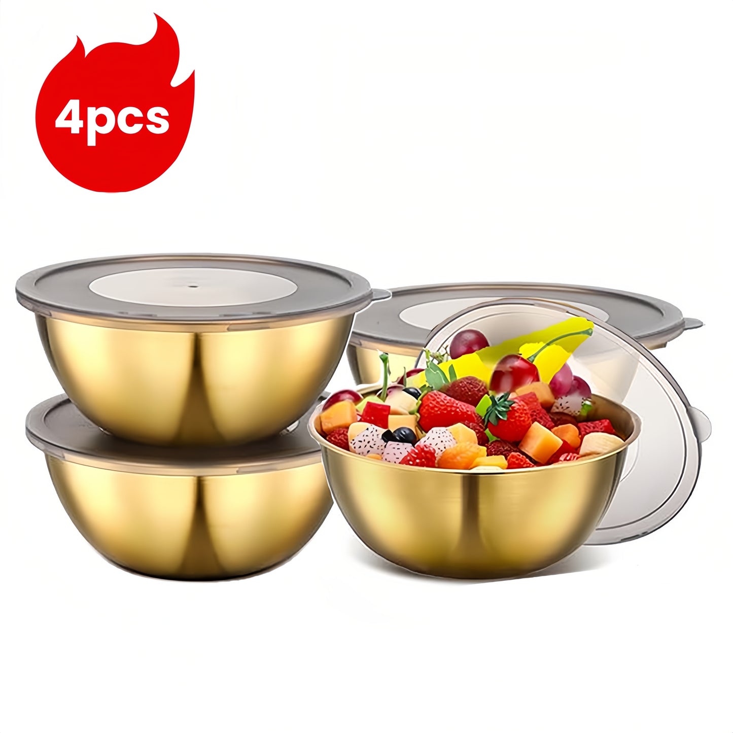 4pcs of 17.02 cm Gold Mixing Bowls with Airtight Lids, ideal for serving salads, fruits, soups, and snacks.