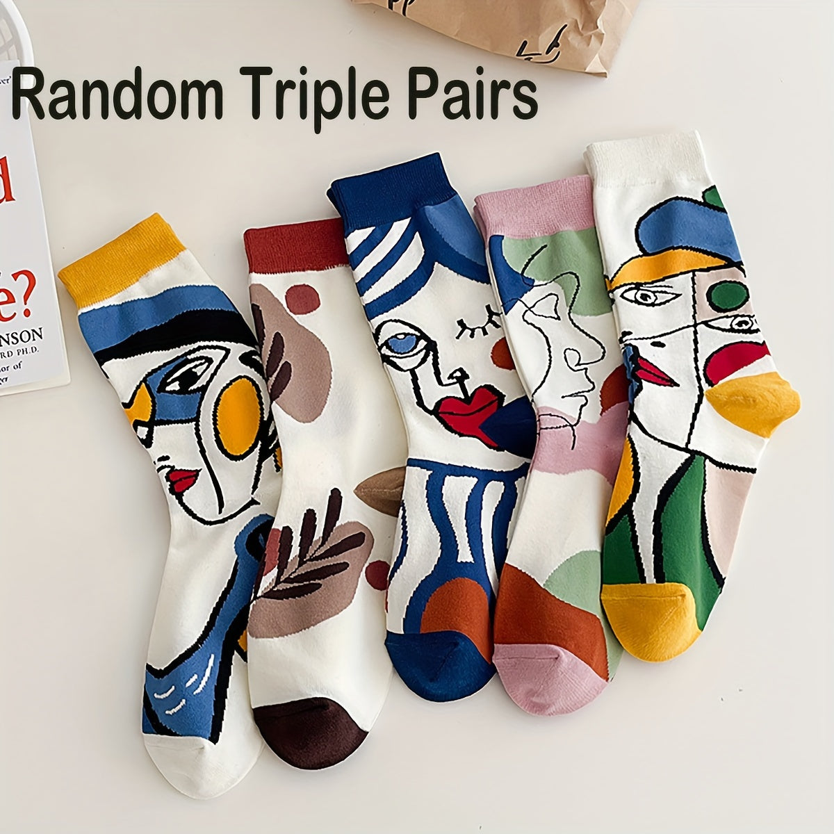 3 pairs of women's abstract line mid-calf socks with geometric pattern, made of cotton blend (60% cotton, 30% polyester, 10% spandex), knitted ribbed texture, hand washable, 350g/m²