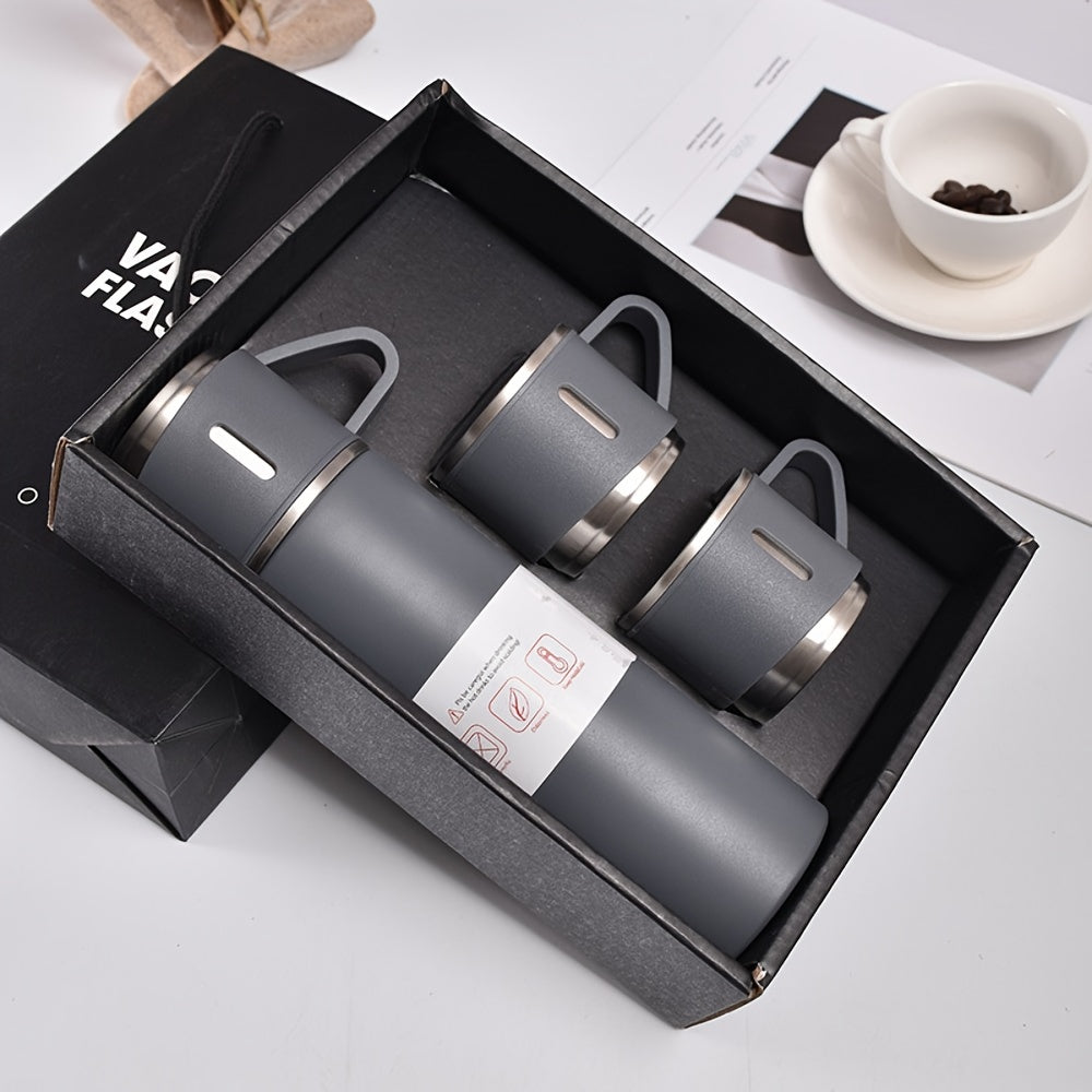 Set of stainless steel vacuum insulated flasks - includes a portable coffee mug and thermal bottle perfect for use in the office, for business purposes, and while traveling.