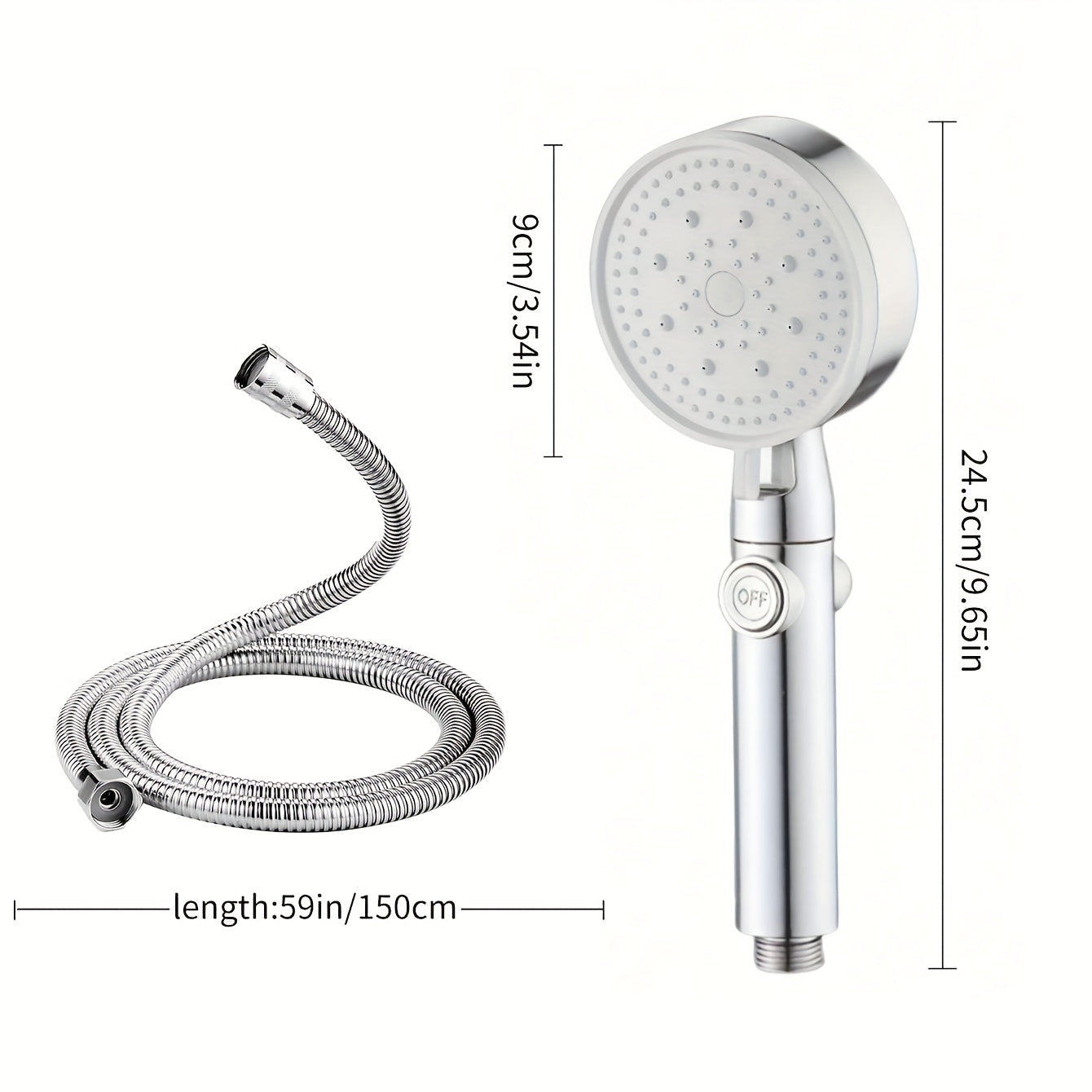 Shower head with 5 functions and on/off button, includes high pressure feature and 1.5m hose.