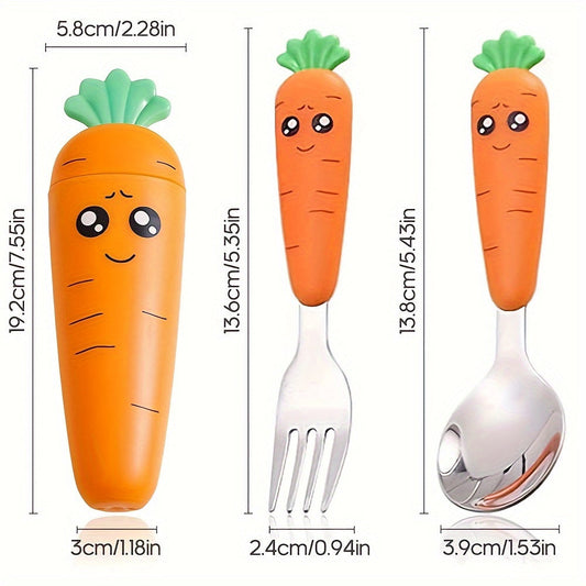 Set of 3 Travel Cutlery Pieces with Carrot Design Case - Includes Stainless Steel Spoon and Fork - BPA-Free Material in Orange Color