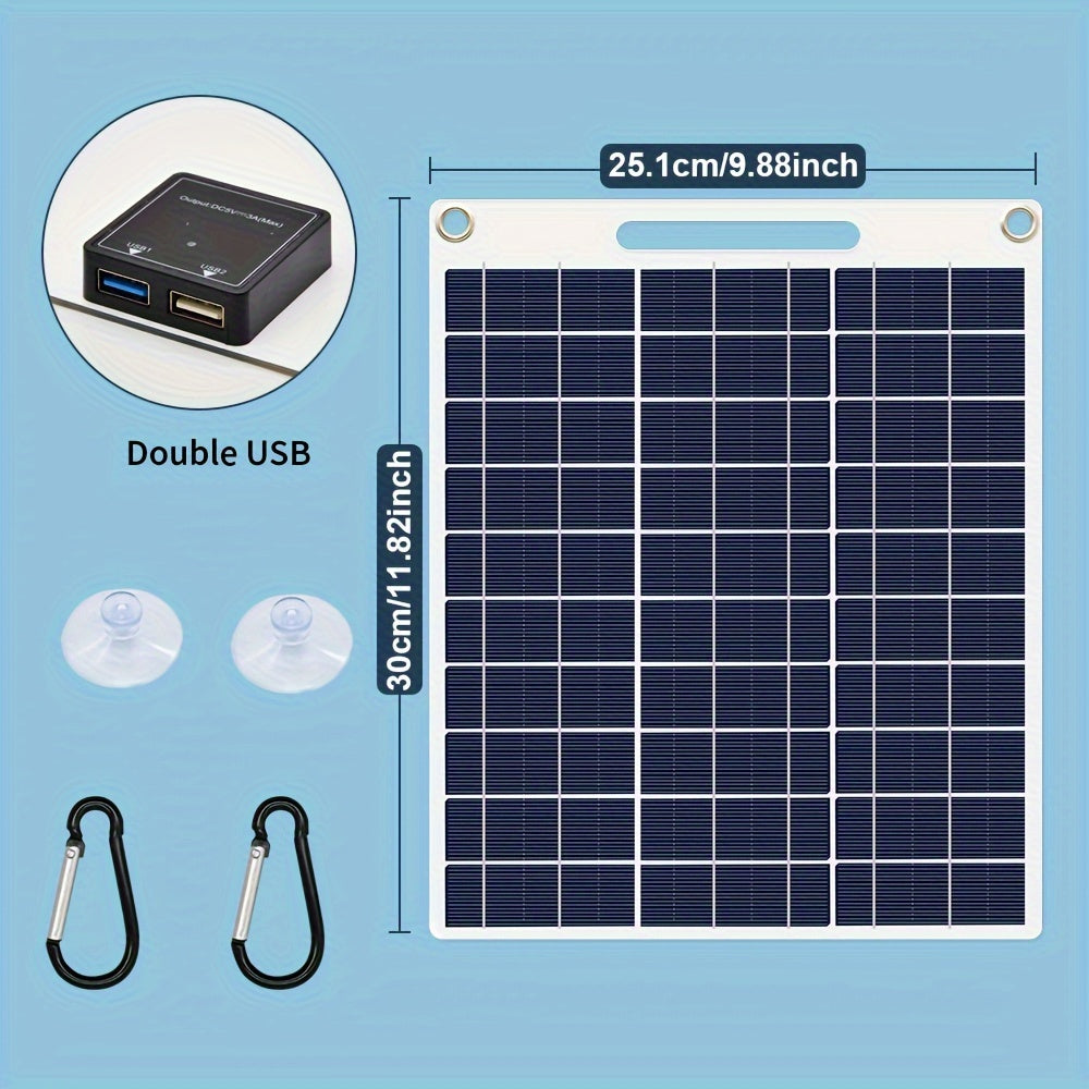 Compact dual USB solar charger, perfect for camping and home use.