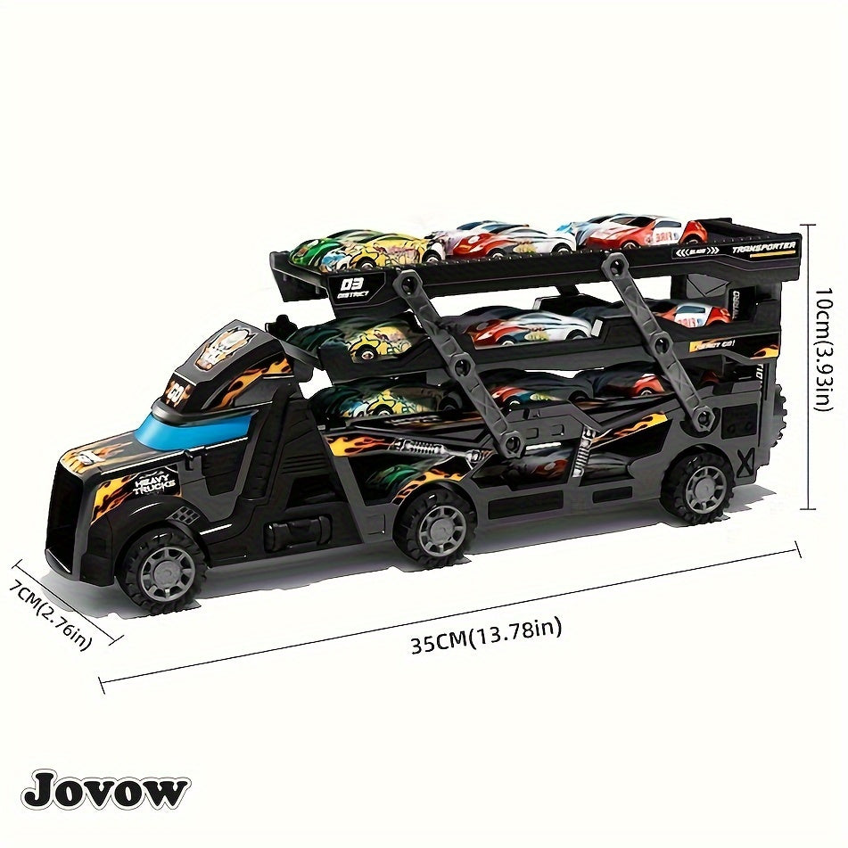 Jovow Transforming Police Toy Car includes 8 mini cars, retractable design, black with blue flames and racing car graphics. Perfect gift for boys and girls for imaginative play.