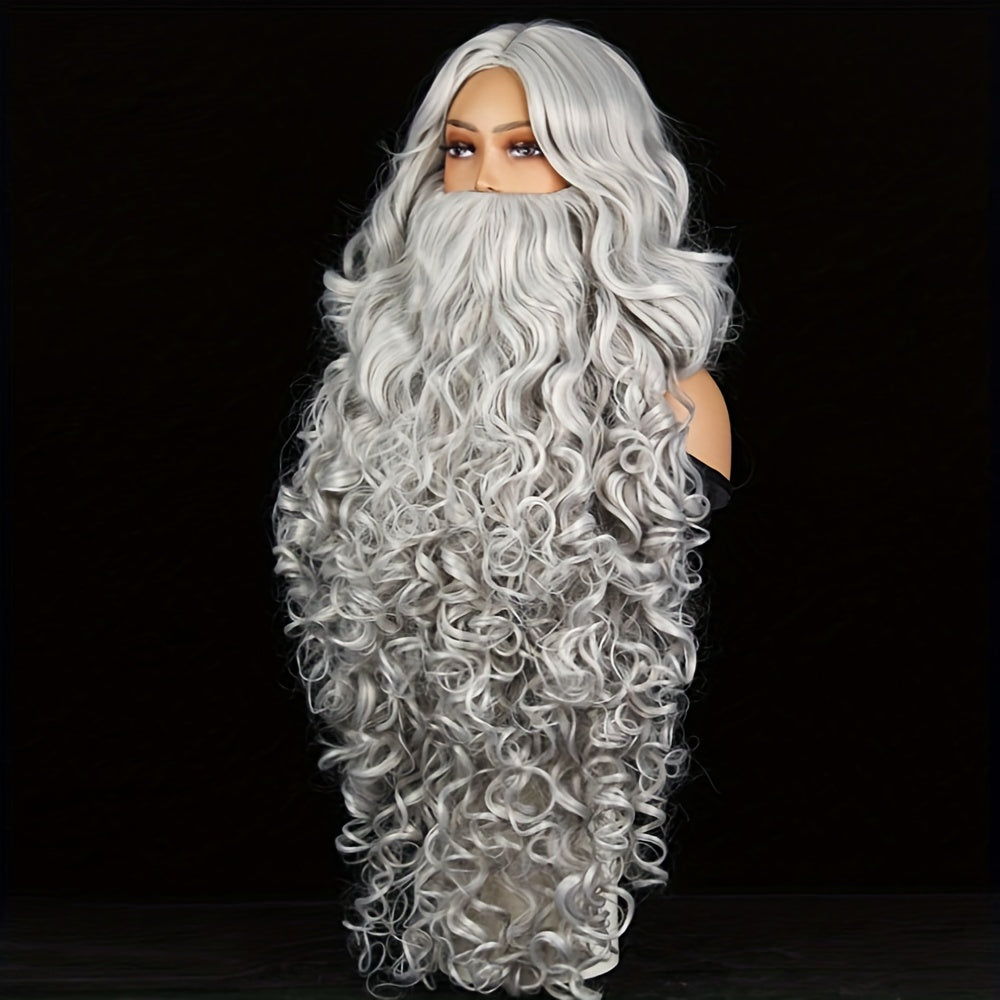 Santa Claus Beard Wig, Men's Costume Accessory, Made of Polyester, Features Funky Curly Style, Color: White, Can be Machine Washed and is Heat Resistant