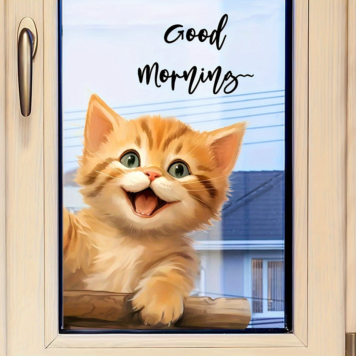 Eclectic Style Cat Window Sticker with Animal Print, Self-Adhesive Polyvinyl Chloride Material, Reusable Glossy Finish, Decorative PVC Film for Toilet, Glass, and Windows - "Good Morning" Kitty Decal, 1 Piece