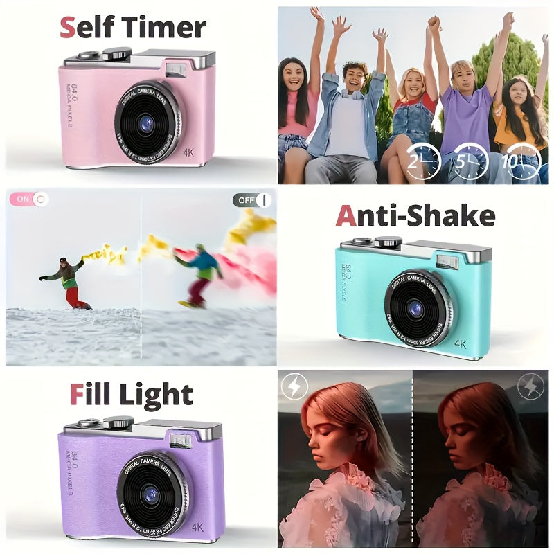 Retro-style 4K HD CCD digital camera with dual lens, USB-C charging and image transfer, perfect for students and photography enthusiasts.