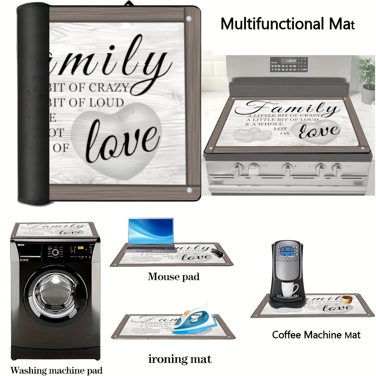 Wood Grain Design Stove Top Protector, 72.39x52.07cm, Scratch-Resistant & Heat-Resistant, Non-Slip Rubber Backing - "Family Love" Inspirational Quote. Dishwasher Safe, Versatile Kitchen Decor Mat for Cooktops, Countertops, Dryers.