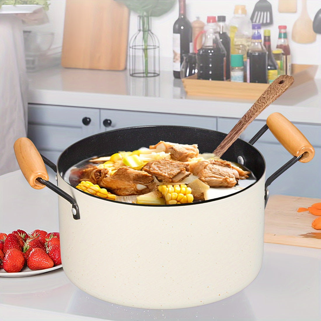 High-quality Soup Pot with Non-Stick Cast Iron and Tempered Glass Lid - Durable, Easy-to-Clean Cooking and Steaming Pan for Your Home Kitchen