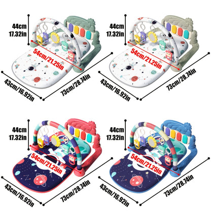 Musical baby gym play mat with piano and hanging toys, perfect for newborns. Features interactive lights and sounds, ideal gift for holidays. Assembly required. Made of polyester fiber.