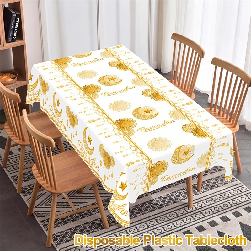 1pc White & Golden Ramadan Kareem Disposable Plastic Tablecloth, 130x220cm, featuring Moon, Lantern, & Star pattern. Ideal for Islamic Muslim parties, Eid Al Adha & home celebrations.