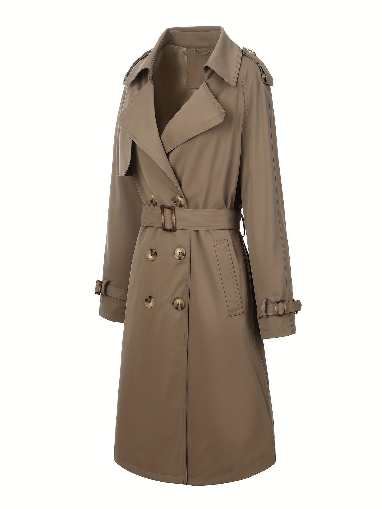 Stylish beige trench coat for women with belt, perfect for fall and winter. Made of polyester, mid-length with double-breasted front and long sleeves.