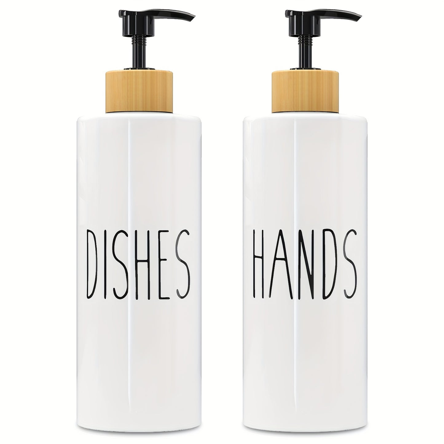 Set of 2 refillable soap dispensers with 16.91oz PET plastic bottles and wooden tray for kitchen use.