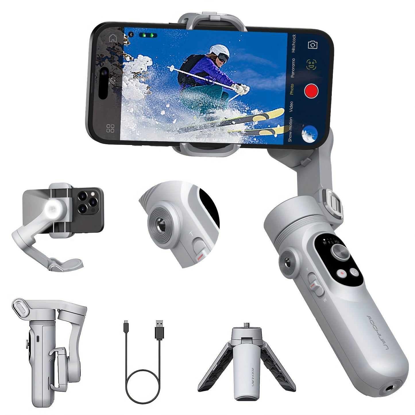 AOCHUAN Smart X Smartphone Gimbal Stabilizer with Built-in LED Light, 3-axis Foldable, Suitable for Vlogging on iPhone and Android.