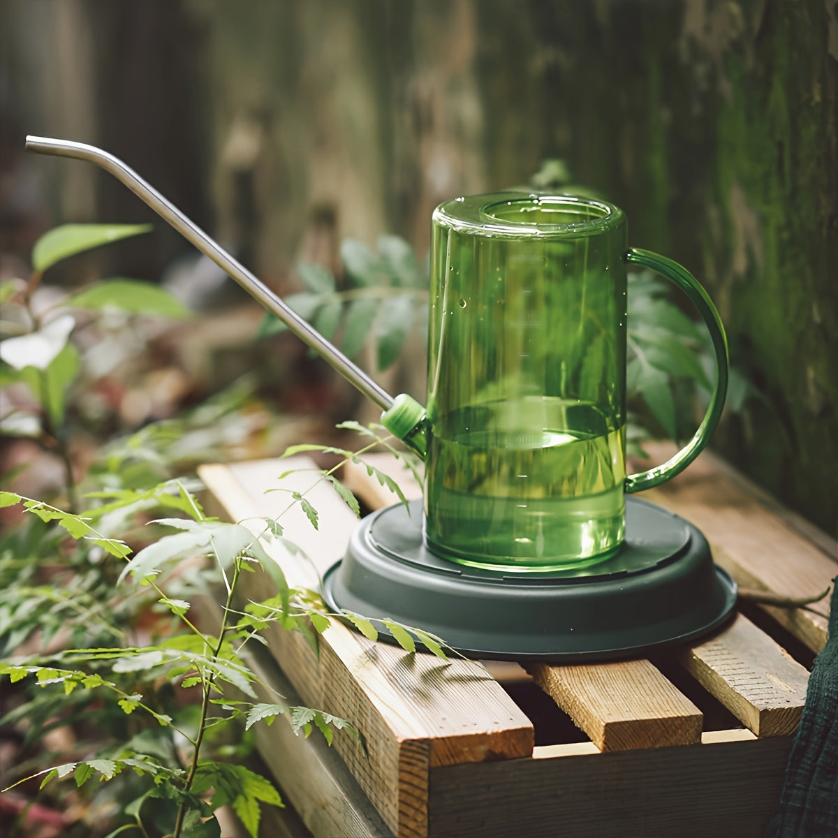 Long-spouted plastic watering can for indoor and outdoor plants.