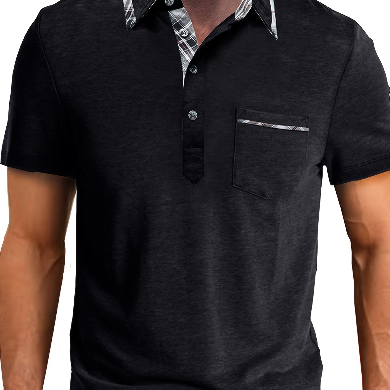 Men's plus size polo shirt with pocket, plaid lapel collar, knit fabric with slight stretch (77% polyester, 19% viscose, 4% elastane), ideal for summer at 180g/m² weight.