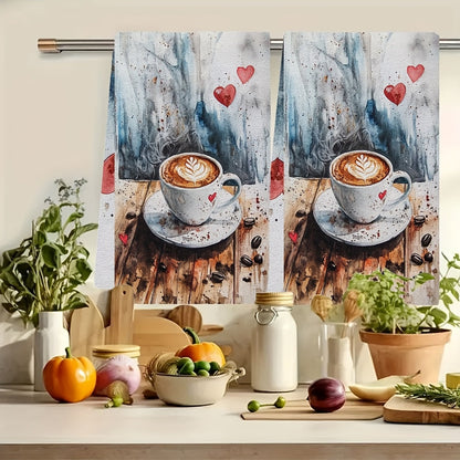 Set of 2 Ultra Soft Polyester Kitchen Towels featuring a Coffee Lover's Dream Design with Heart & Latte Art, Highly Absorbent & Machine Washable Dish Hand Towels, 40.64x60.96 cm - Ideal for Valentine's Day Decor, Coffee Lover Gift | Romantic Towel Design