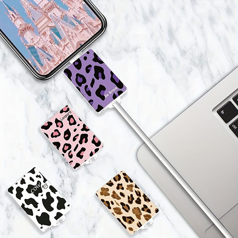 4-piece leopard print set for Apple IOS mobile phone charging cables, includes fixing clip, protective cover, anti-break wire, cute fruit and flower designs.