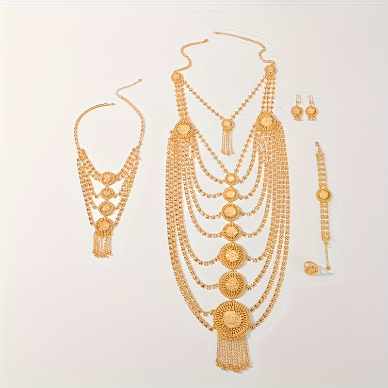 Gold-plated copper jewelry set specifically designed for the Middle East, perfect for festivals and weddings. This stunning set includes two necklaces, bracelets, earrings, and a ring, making it the ideal choice for women looking to add a touch of luxury