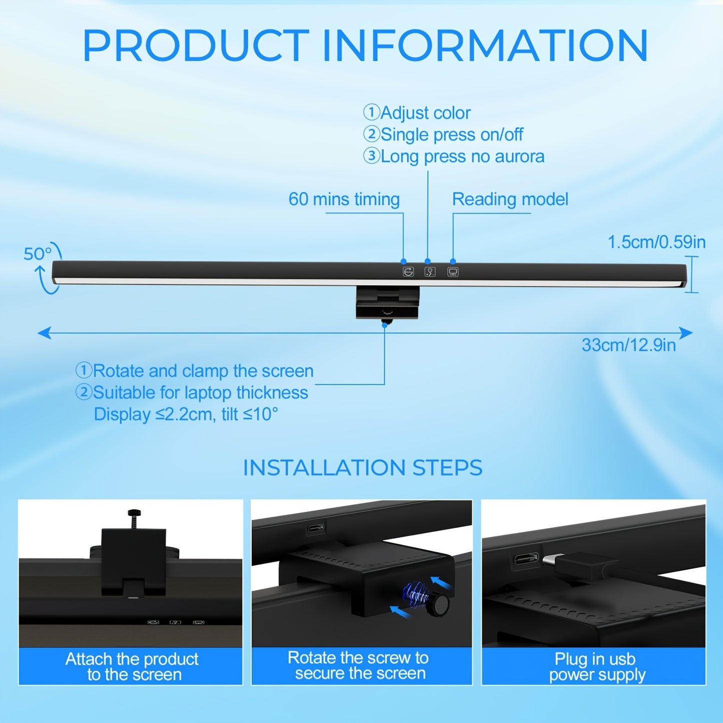 LED computer screen light with USB power supply, touch control switch, and three adjustable color temperatures suitable for home or office use.