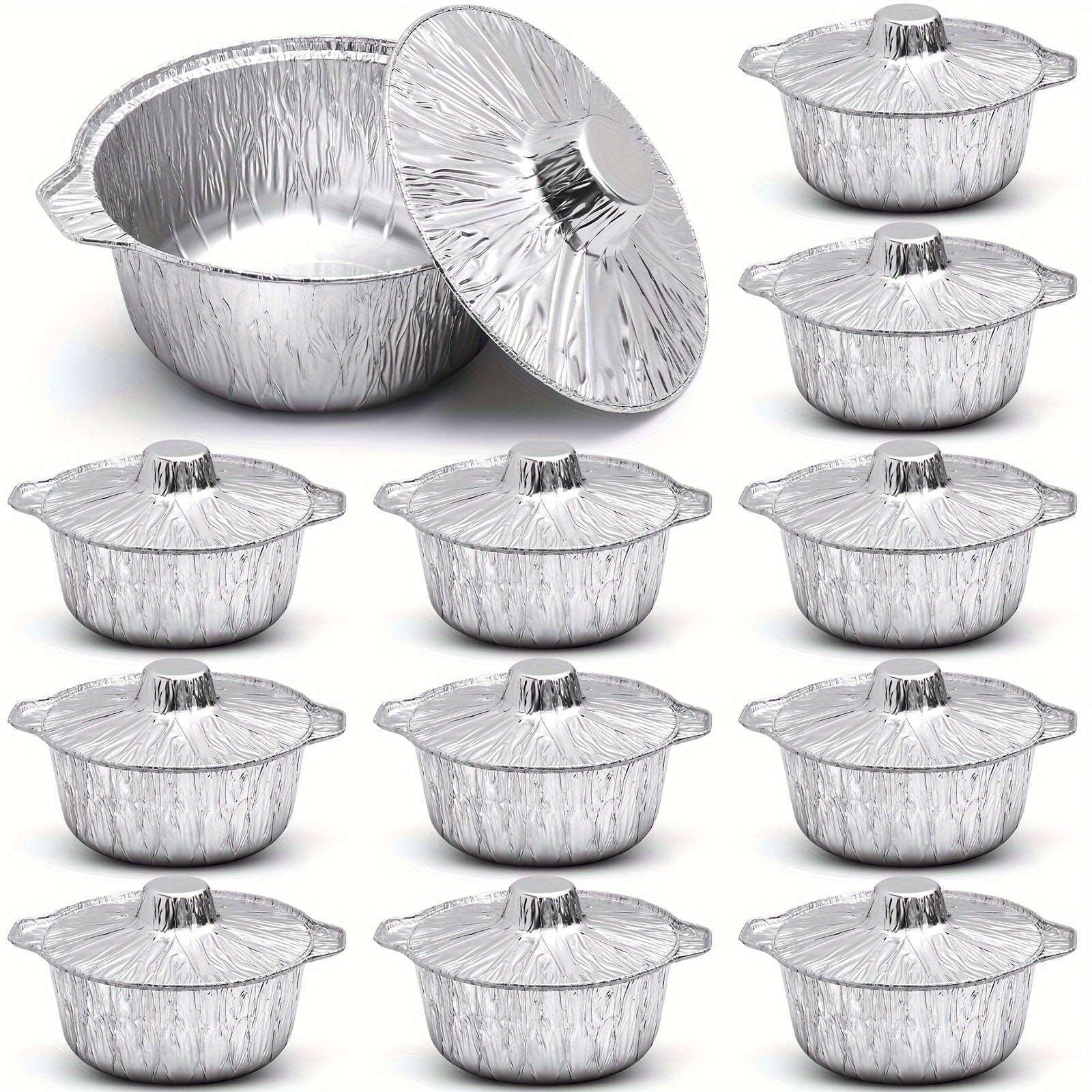 Set of ten 5-piece Disposable Aluminum Pots with Lids - Round Foil Pans for Cooking, Baking, Heating, and Food Storage during Vacation Trips and Camping (33.8oz)