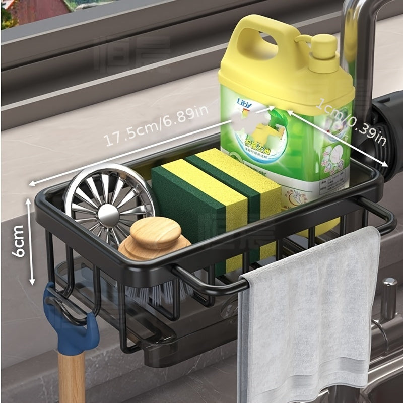 Introducing a versatile kitchen sink storage solution: a multifunctional hanging basket made of durable space aluminum. Complete with a convenient cloth holder and a draining tray, perfect for various household tasks.