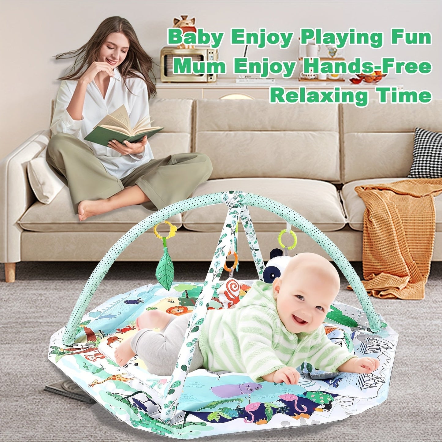 Baby Play Mat Set includes an Activity Gym, Playard Bedding, Sensory Toys, and Ball Pit. Made of Green Polyester, assembly is required. Comes with 18 Ocean Balls for added fun. Helps with early motor skills development for children ages 0-3 years.