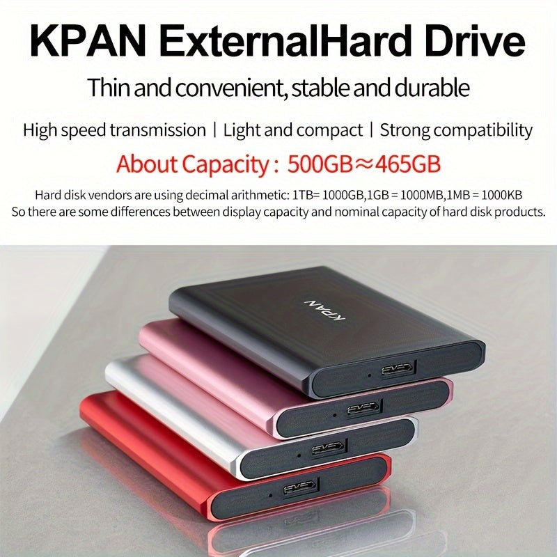 KPAN 500GB Portable Hard Drive with 2.5-inch Metal Shell and USB 3.0 for Laptop, NTFS File System in Silver/Gray/Red color options.