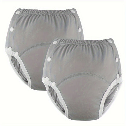 2 reusable cotton adult diapers with snap closure for seniors, available in multiple sizes.