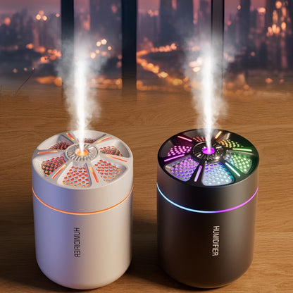 Mini ultrasonic humidifier with colorful gradient light, perfect for office, car, bedroom, and school. Made of plastic and USB powered.