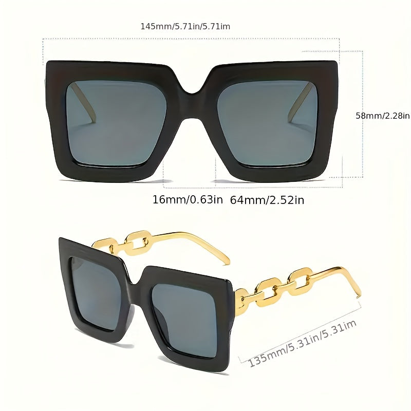 Women's trendy square frame glasses set with bold chain designs, perfect for street photography and parties. Available in multiple colors with gift packaging option.